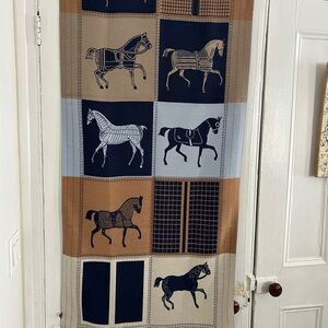 Equestrian Heritage Scarf- Navy & Camel Horse Motif 26X72 |Luxury Wool Blend NWT
